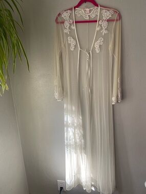 victorias secret Sheer Lace-Trim Long Robe - Cream